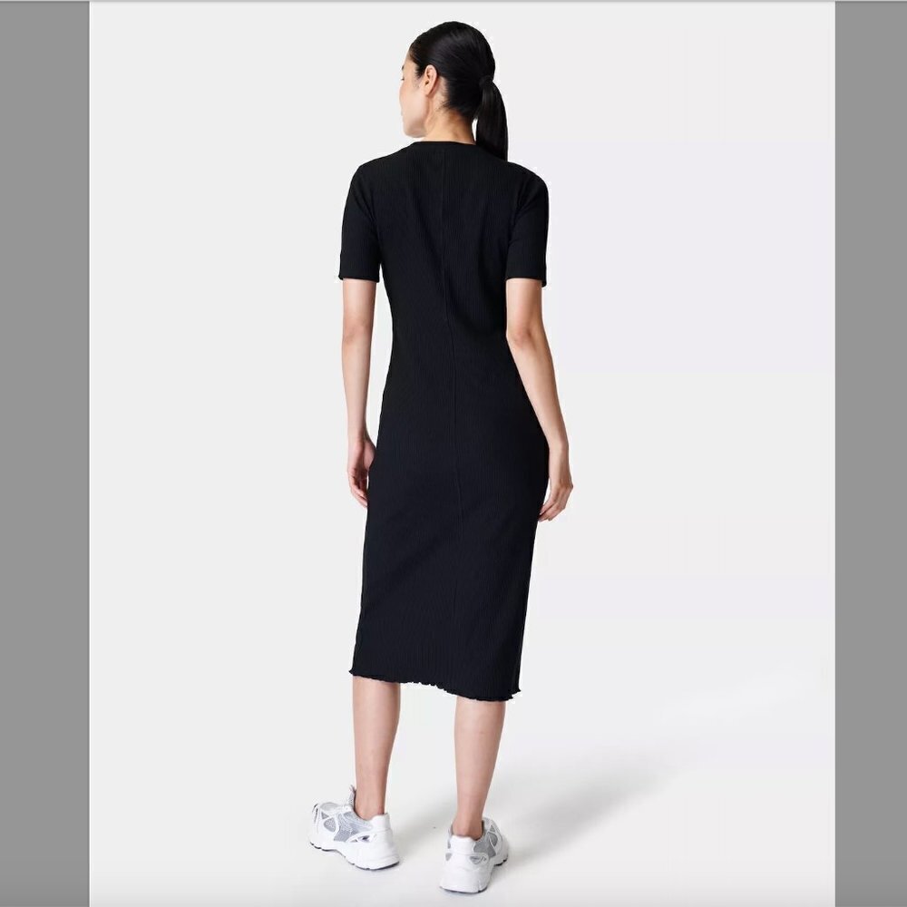Women's 8 Sweaty Betty Black Ribbed Midi Dress Slim Fit Pleated Lettuce Hem - Picture 2 of 11